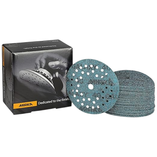 Boîte et disques abrasifs bleus Mirka Galaxy avec perforations Multifit.