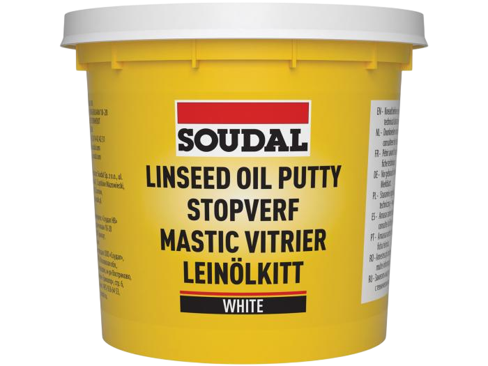 Pot de mastic vitrier Soudal Linseed Oil Putty blanc pour pose de vitrage.