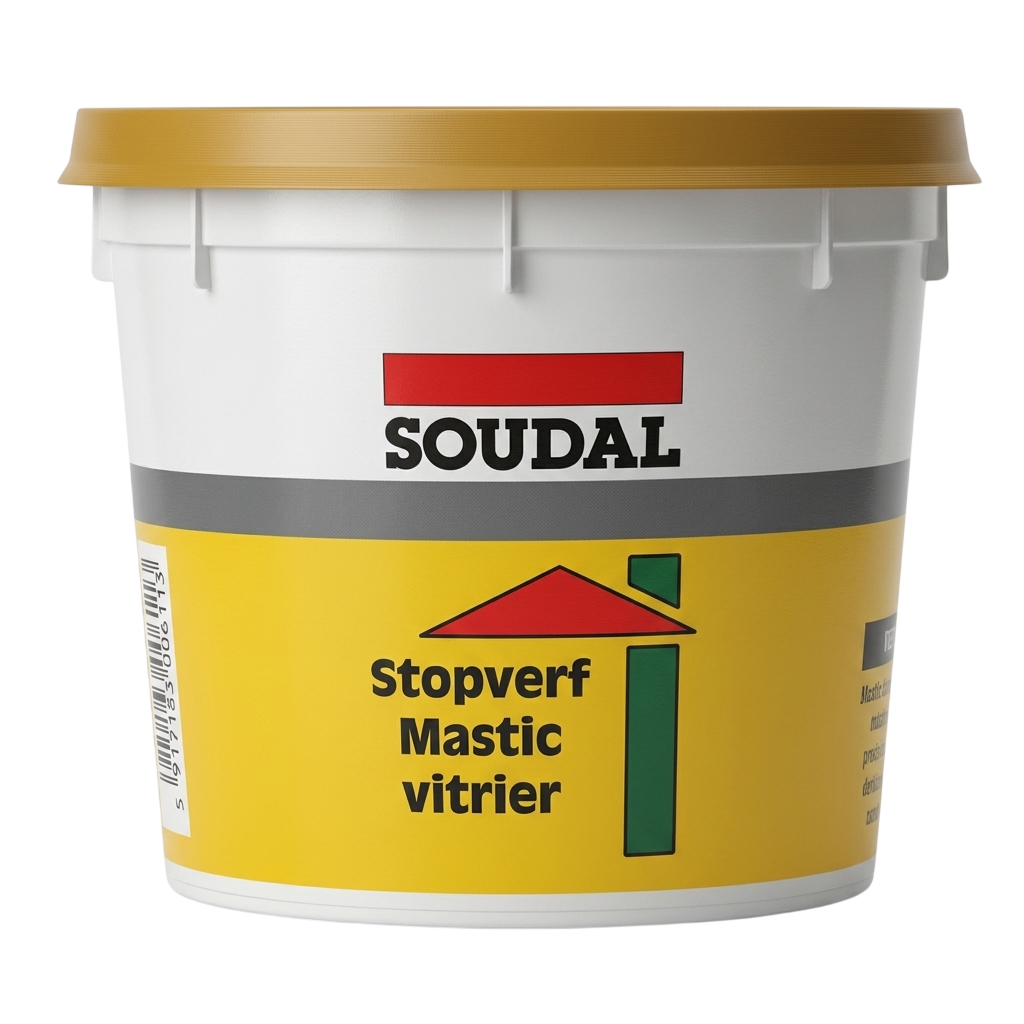 Pot de mastic vitrier Soudal Stopverf pour étanchéité des fenêtres.