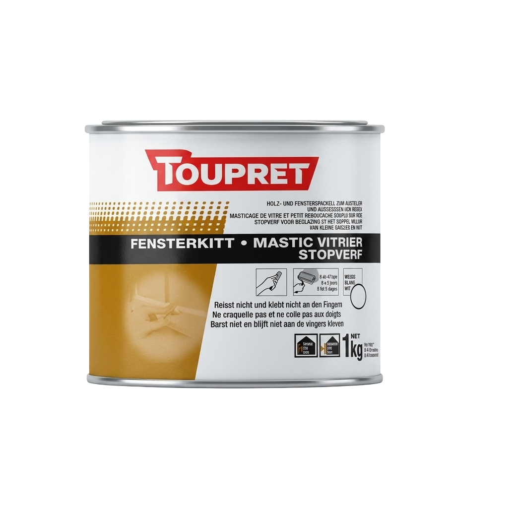 Pot de mastic vitrier Toupret pour vitrage et petit rebouchage souple.