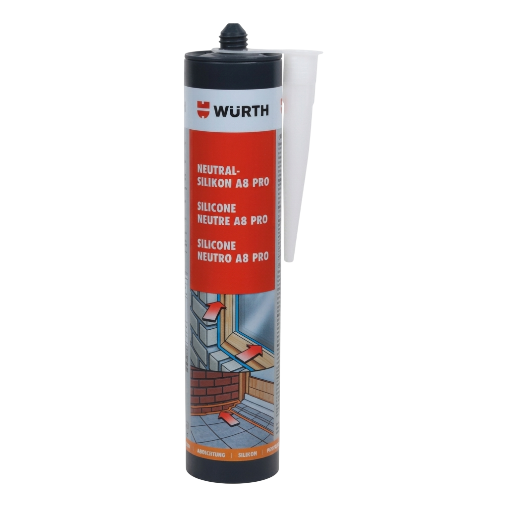 Cartouche de mastic silicone neutre Würth A8 Pro noir RAL 9005 avec canule.