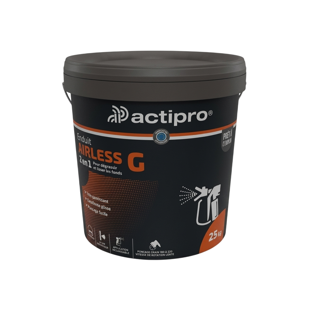 Seau de 25kg d'enduit Actipro Airliss G 2 en 1 pour dégrossir et lisser les fonds.