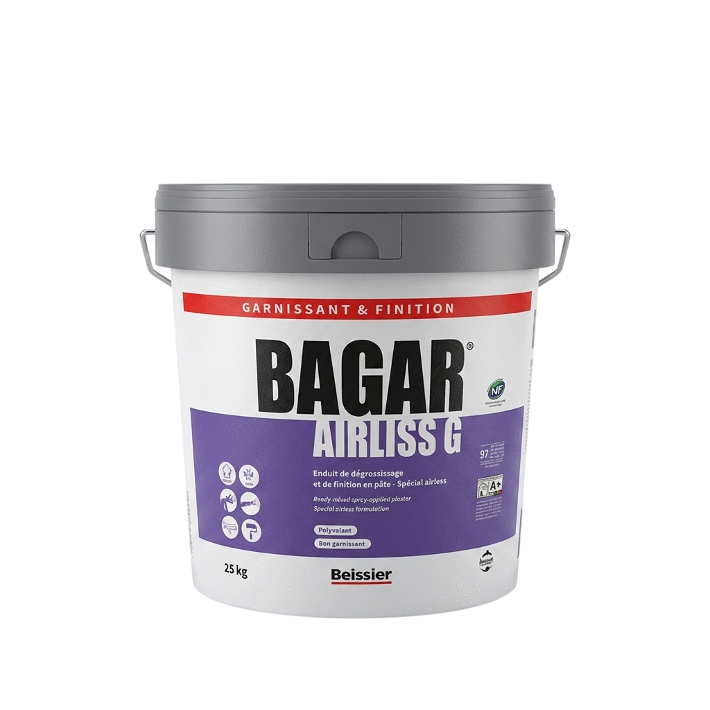 Seau de 25kg d'enduit de dégrossissage et finition Bagar Airliss G de la marque Beissier.