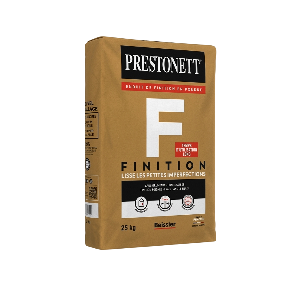Sac de 25 kg d'enduit de finition en poudre Beissier Prestonett F pour lissage intérieur.