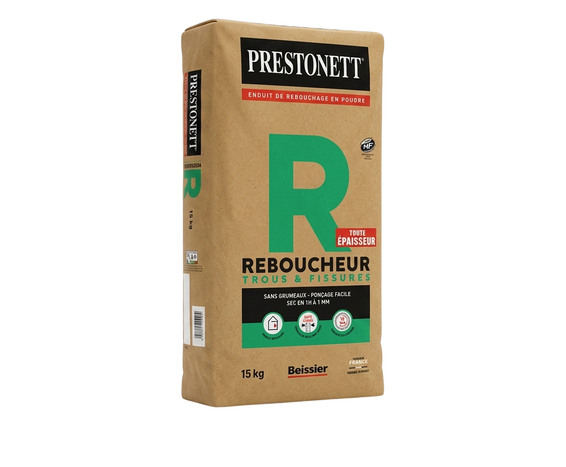 Sac de 15 kg d'enduit de rebouchage en poudre pour trous et fissures Beissier Prestonett R.