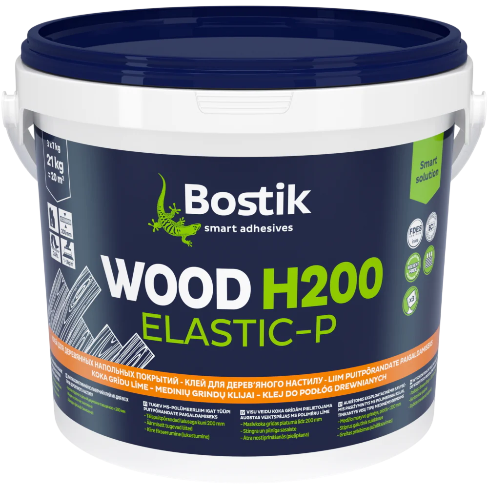 Seau de 21kg de colle polymère élastique Bostik Wood H200 Elastic-P pour parquet.