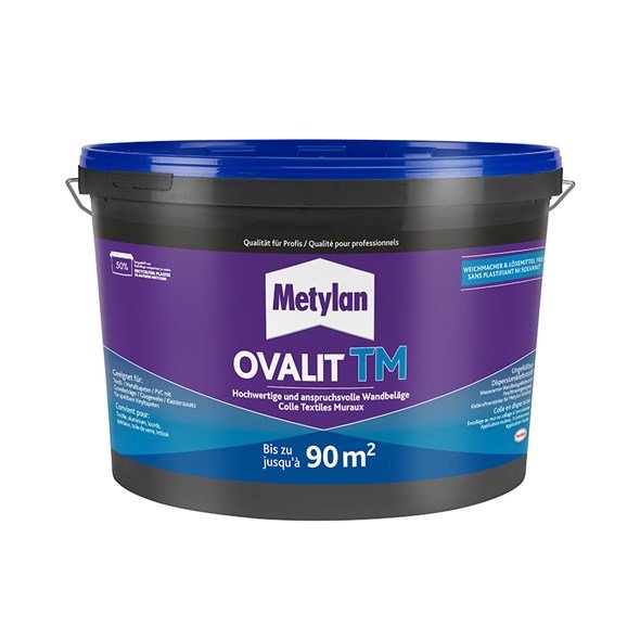 Seau de colle en dispersion Metylan Ovalit TM pour textiles muraux et toiles de verre.