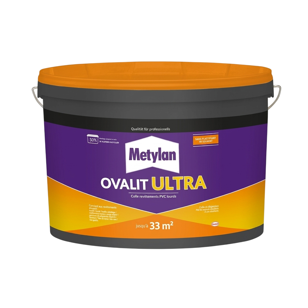 Seau de colle en dispersion Metylan Ovalit Ultra pour revêtements PVC lourds.