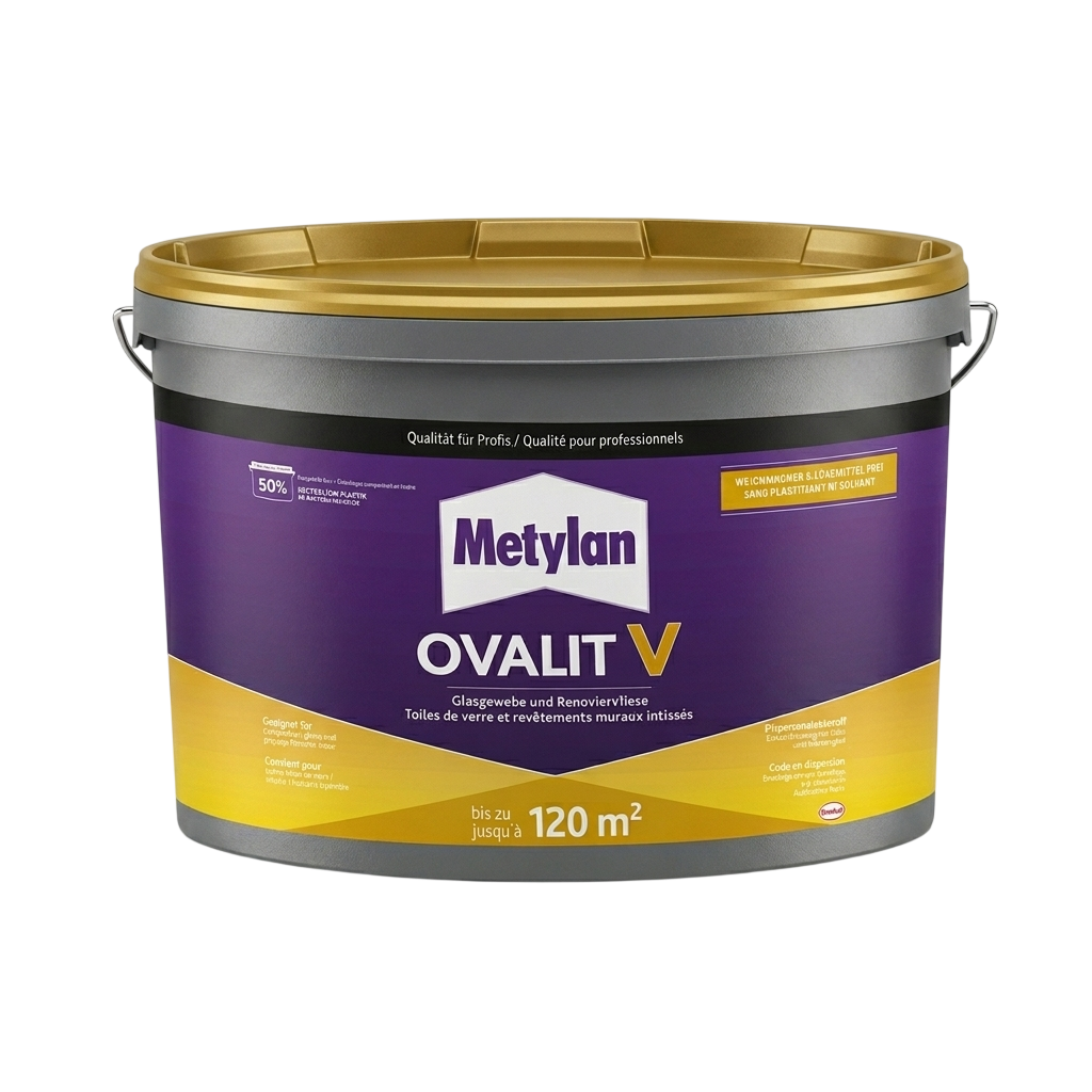 Seau de colle en dispersion Metylan Ovalit V pour toiles de verre et revêtements muraux intissés.
