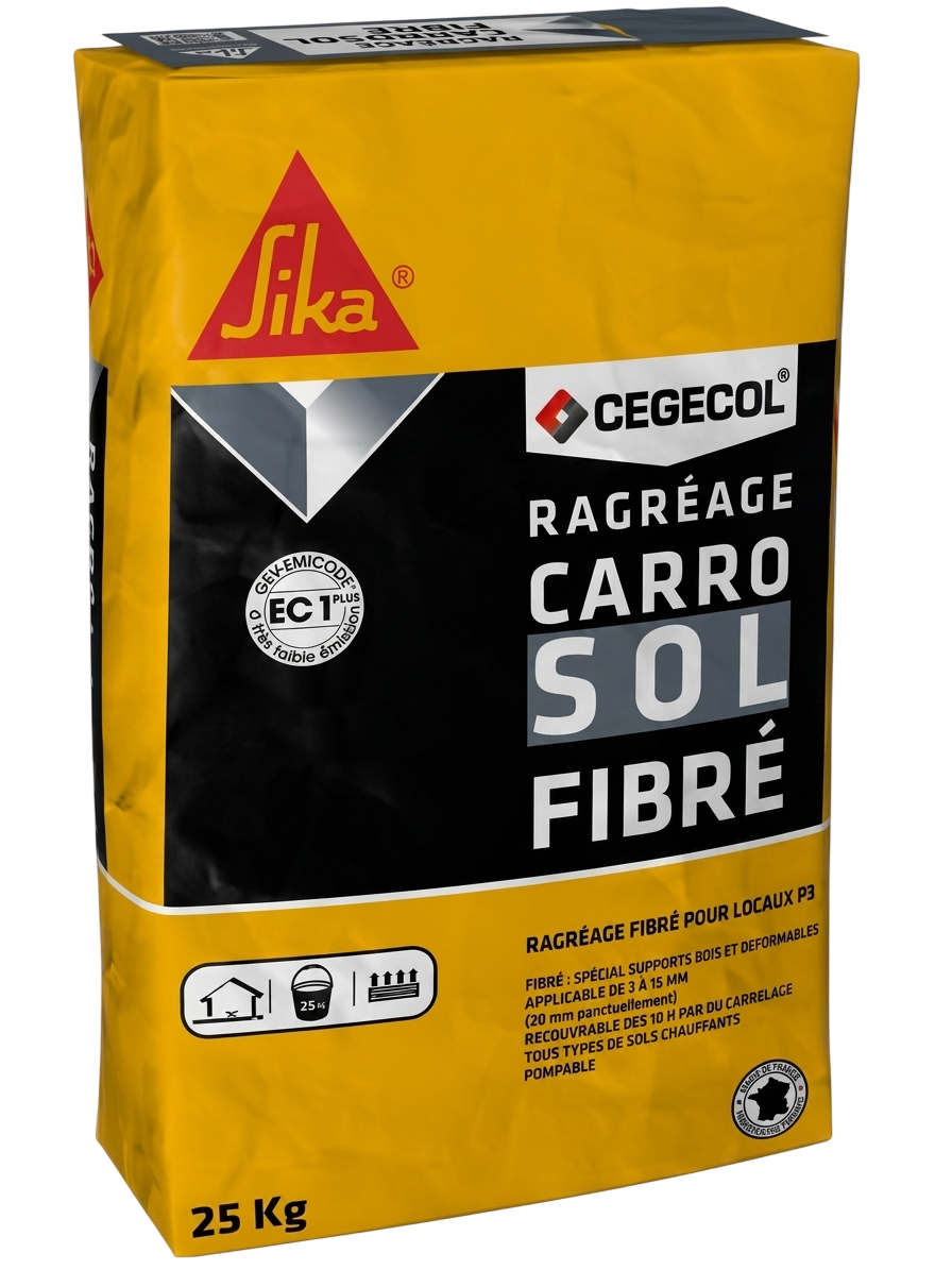 Sac de 25 kg d'enduit de ragréage autolissant fibré Sika Cegecol Carro Sol Fibré pour locaux P3.