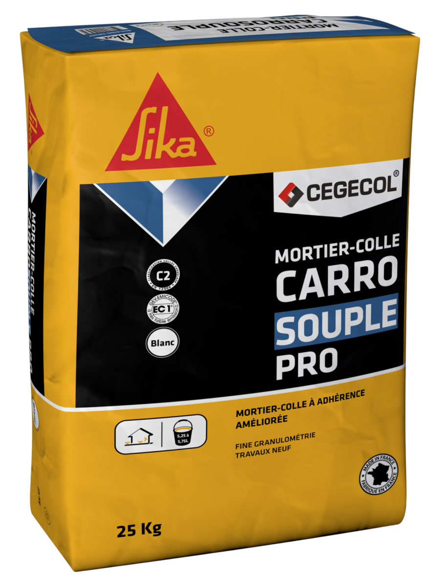 Sac de 25 kg de mortier-colle à adhérence améliorée blanc Sika Cegecol Carro Souple Pro.