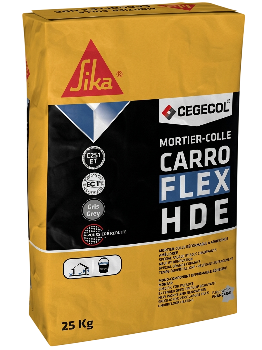 Sac de 25 kg de mortier-colle déformable gris Sika Cegecol Carroflex HDE pour carrelage.