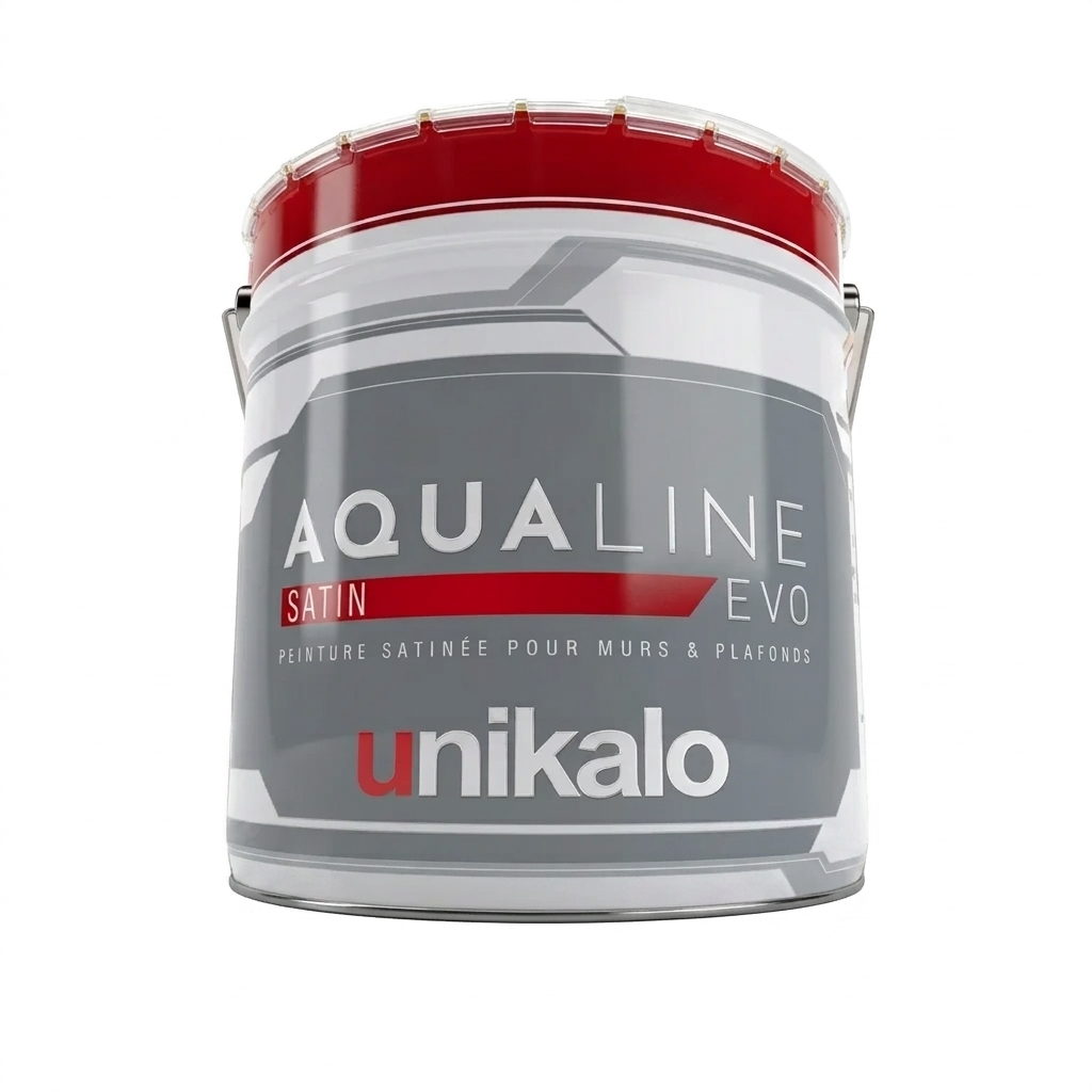 Grand pot de peinture satinée Unikalo Aqualine Satin Evo pour la finition durable des murs et des plafonds.