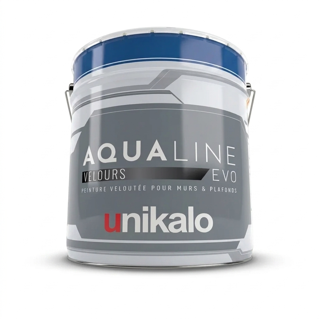 Grand pot de peinture veloutée Unikalo Aqualine Velours Evo pour la finition des murs et des plafonds.