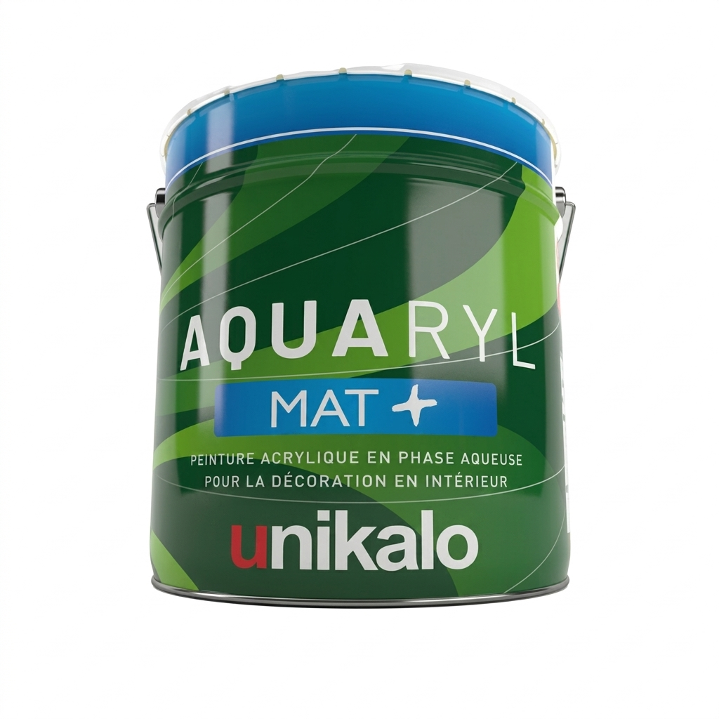 Grand pot de peinture acrylique mate Unikalo Aquaryl Mat+ pour décoration intérieure.