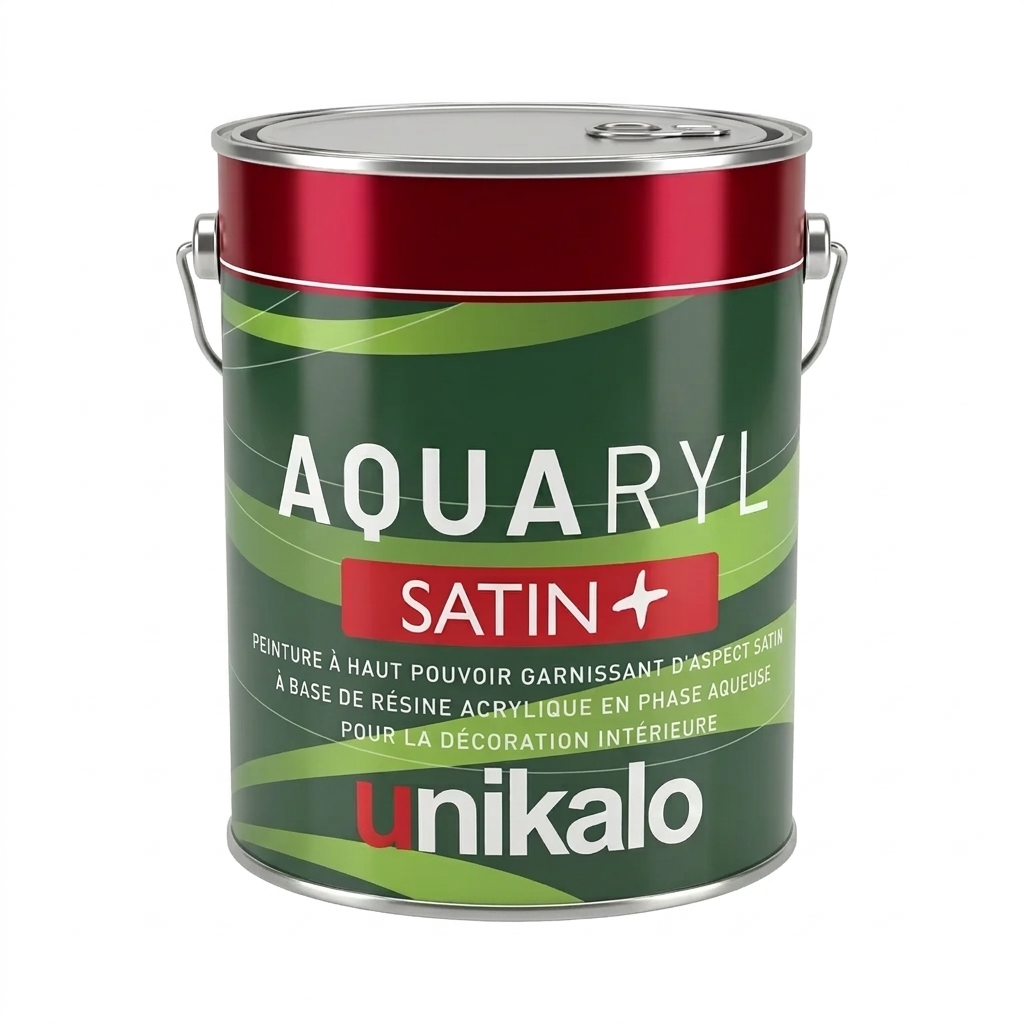 Pot de peinture acrylique Aquaryl Satin+ de la marque Unikalo pour la décoration intérieure.