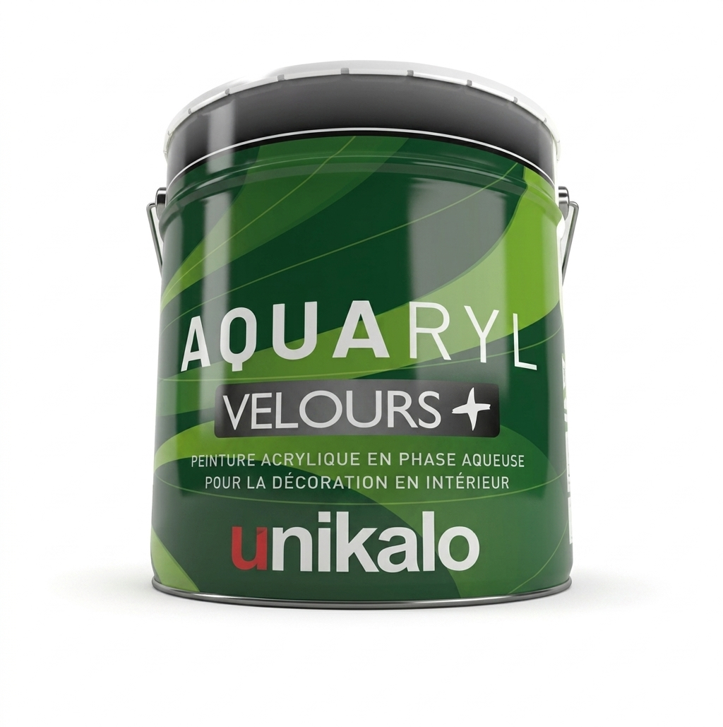Pot de peinture acrylique en phase aqueuse Unikalo Aquaryl Velours+ pour la décoration intérieure.