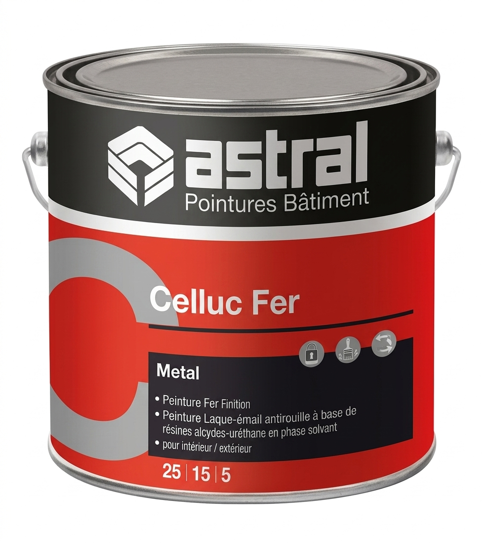 Pot métallique de peinture laque-émail antirouille Astral Celluc Fer pour supports métalliques intérieurs et extérieurs.