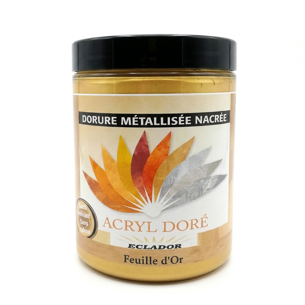 Pot de peinture décorative Eclador Acryl Doré, effet dorure métallisée nacrée.