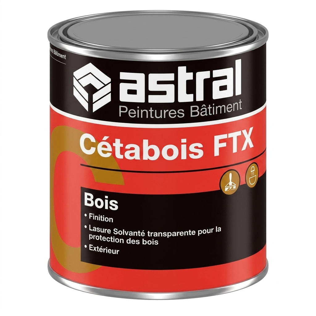 Pot métallique de lasure solvantée transparente Astral Cétabois FTX pour la protection des bois extérieurs.