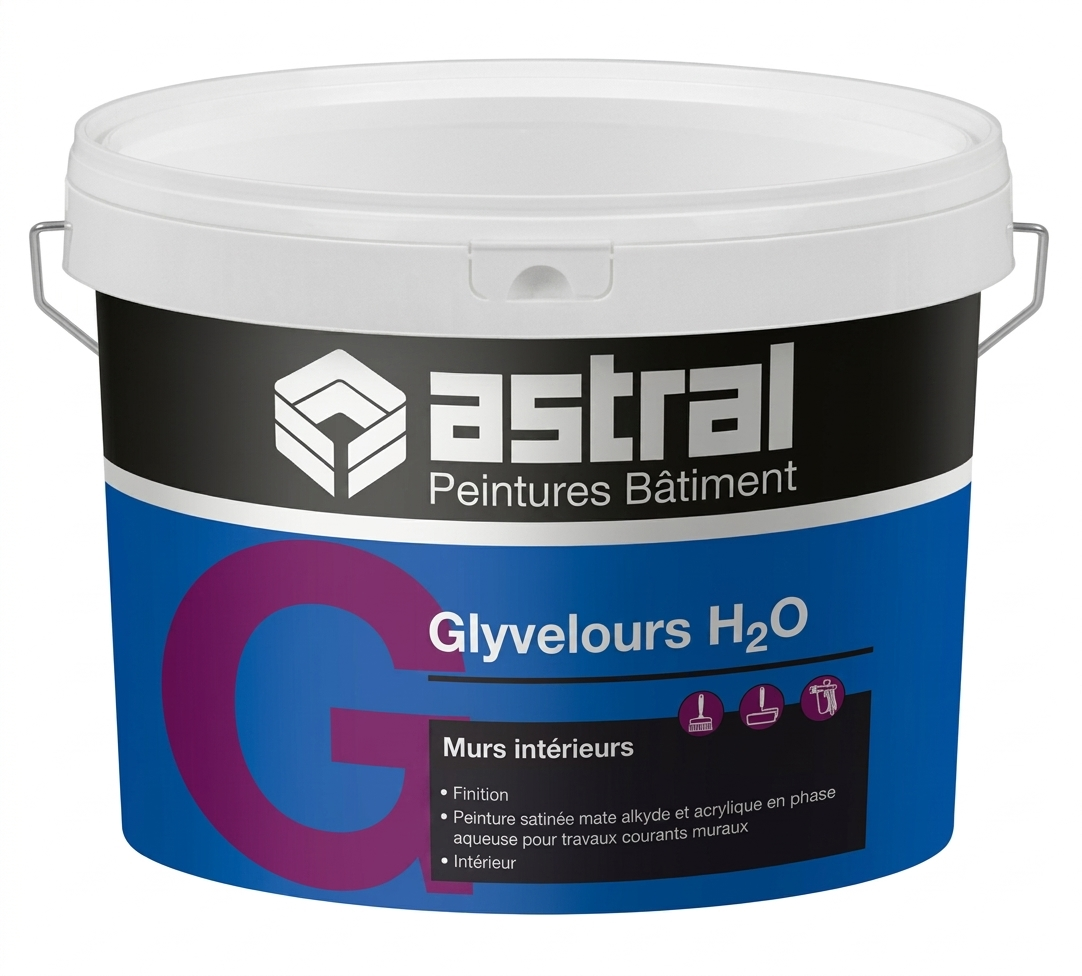 Pot de peinture satinée mate alkyde et acrylique Astral Glyvelours H2O pour murs intérieurs.