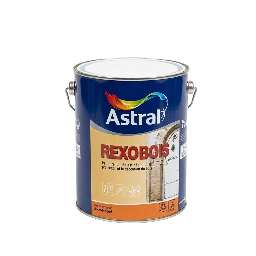 Pot de peinture laquée Astral Rexobois pour la protection et la décoration des boiseries extérieures et intérieures.