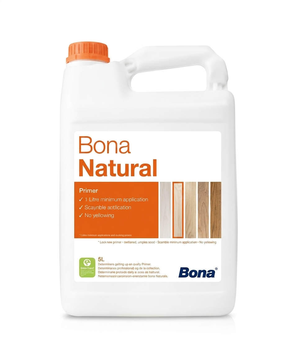 Bidon blanc de primaire de fond dur à l'eau Bona Natural pour parquets aspect bois brut en format 5L.