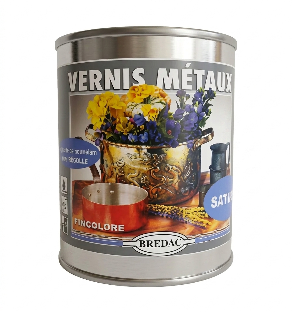 Pot de vernis métaux Bredac incolore d'aspect satiné pour la protection des objets en cuivre, bronze et métaux.