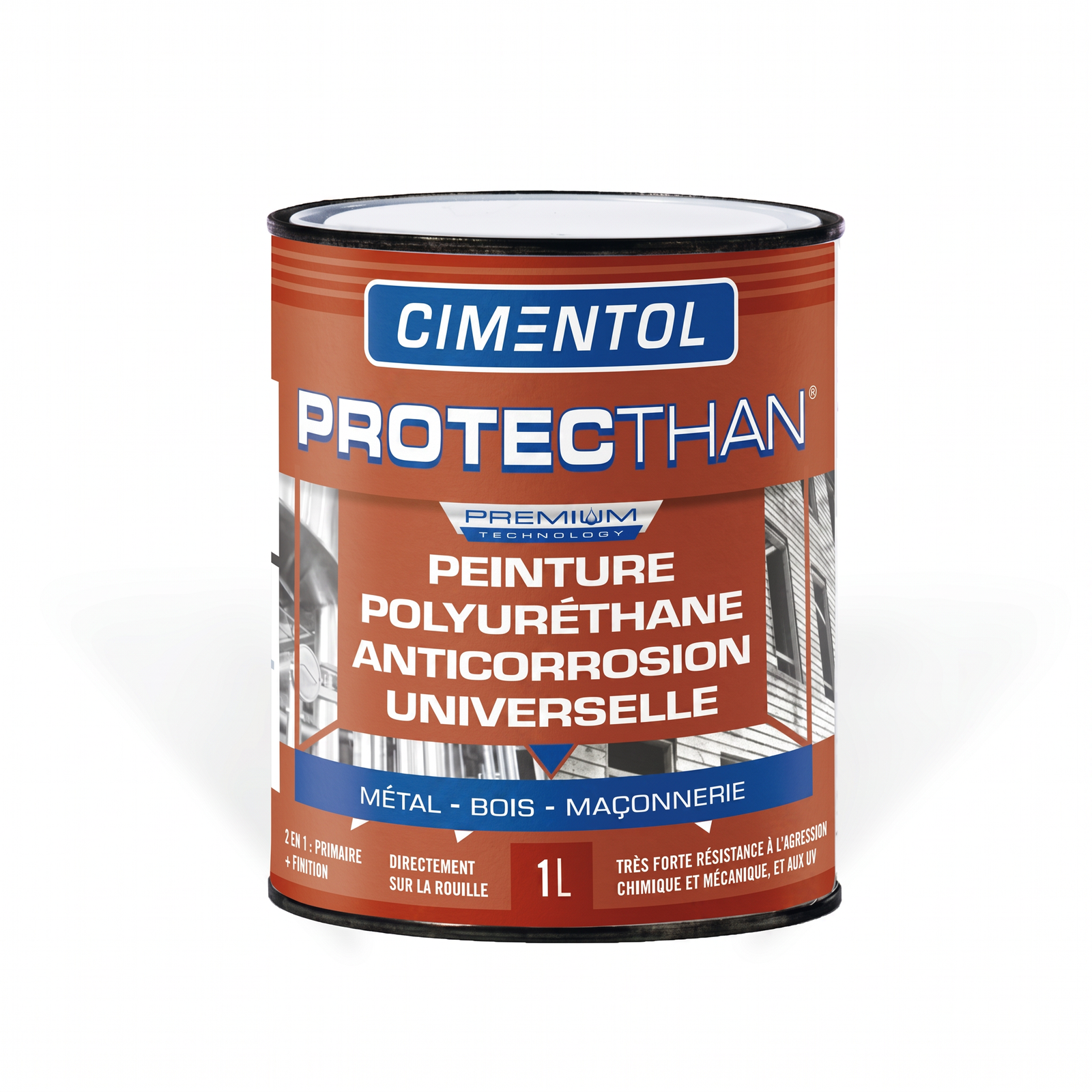 Pot de peinture polyuréthane anticorrosion Cimentol Protecthan 1L.