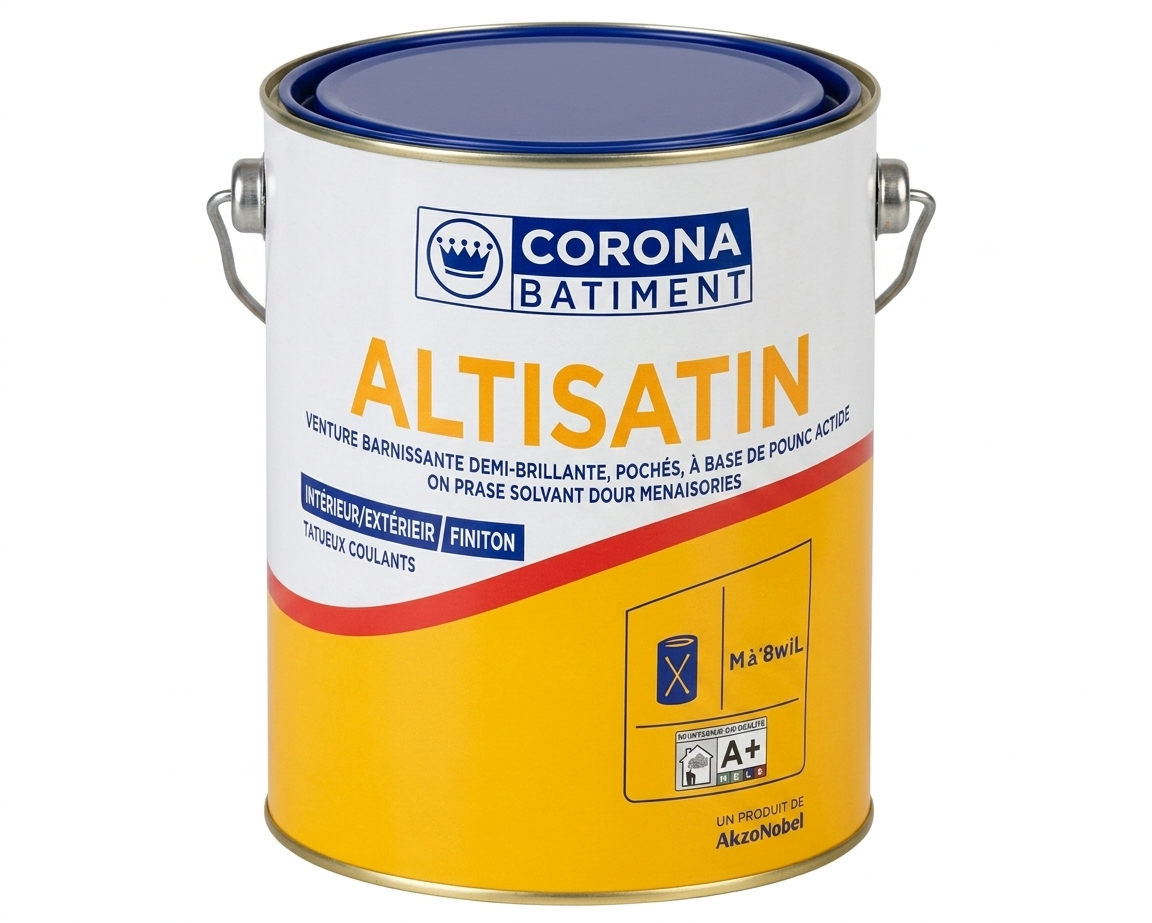 Bidon métallique de peinture laque demi-brillante Altisatin de Corona Bâtiment pour menuiseries.