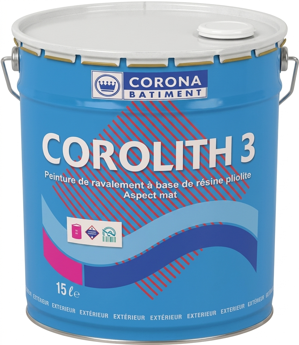 Grand bidon métallique bleu de peinture de ravalement extérieure à base de résine pliolite Corolith 3 de Corona Bâtiment.