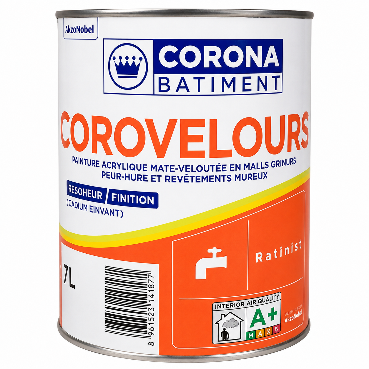 Pot métallique de peinture acrylique de finition mate-veloutée Corovelours de Corona Bâtiment en format 7 litres.