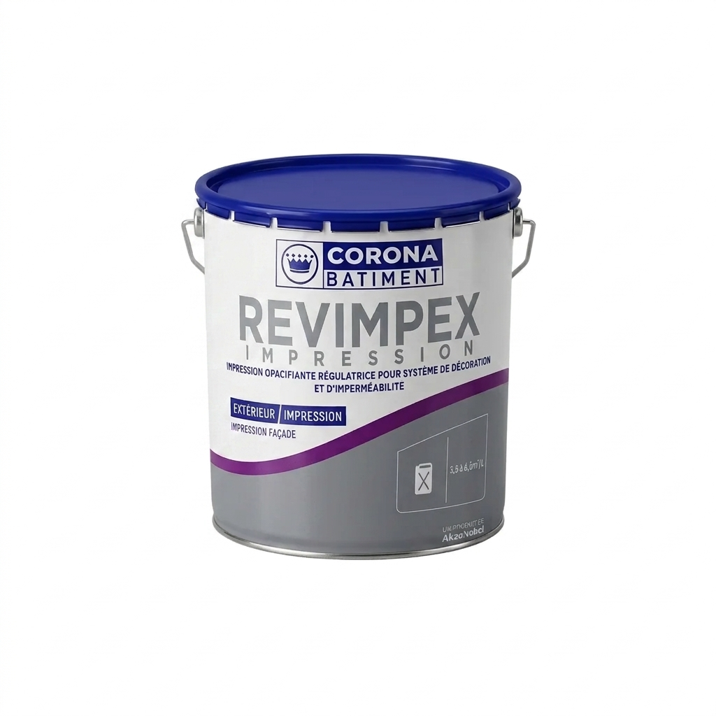 Pot de sous-couche Revimpex Impression de Corona Bâtiment, impression opacifiante régulatrice pour façade et systèmes d'imperméabilité.