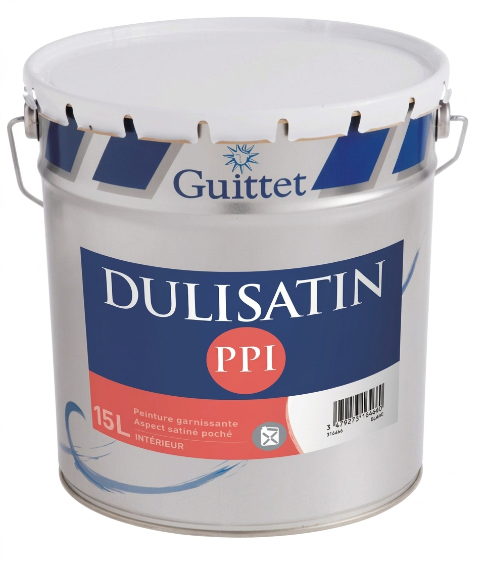 Pot de peinture garnissante intérieur Guittet Dulisatin PPI de 15 litres, aspect satiné poché.