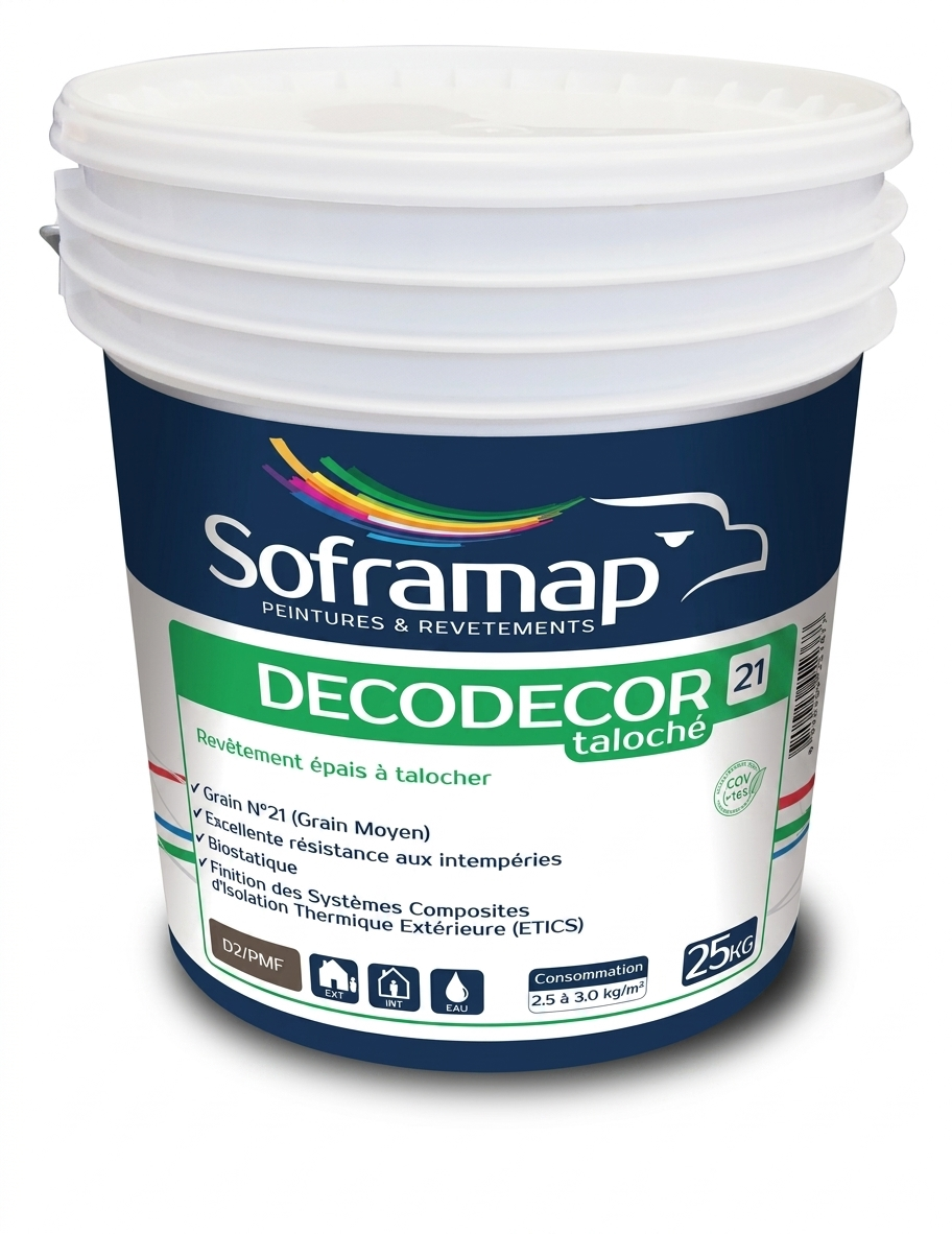 Seau plastique de revêtement épais à talocher grain moyen Soframap Decodecor 21 Taloché de 25 kg.
