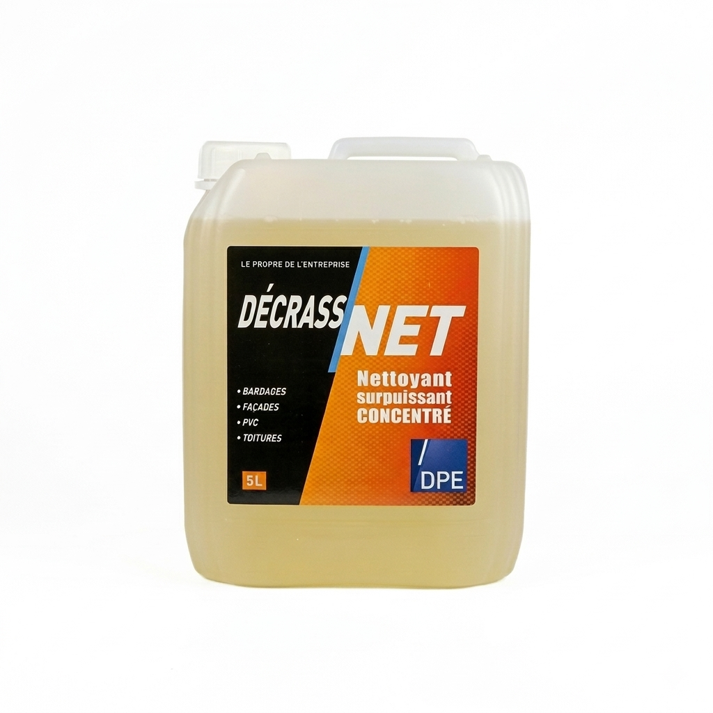 Bidon de 5L de Décrass'Net DPE, nettoyant surpuissant concentré pour bardages, façades, PVC et toitures.