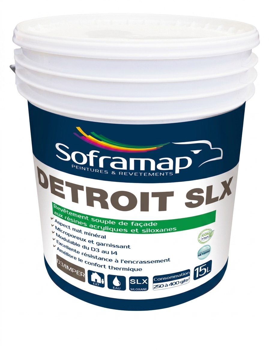 Seau plastique de revêtement souple de façade acrylique et siloxane Soframap Detroit SLX de 15 litres.
