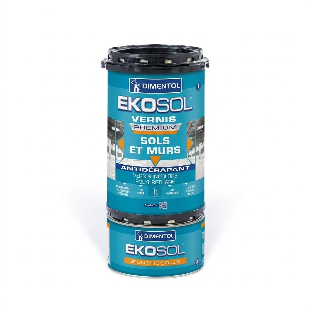 Pot de vernis polyuréthane antidérapant Dimentol Ekosol Premium pour sols et murs.
