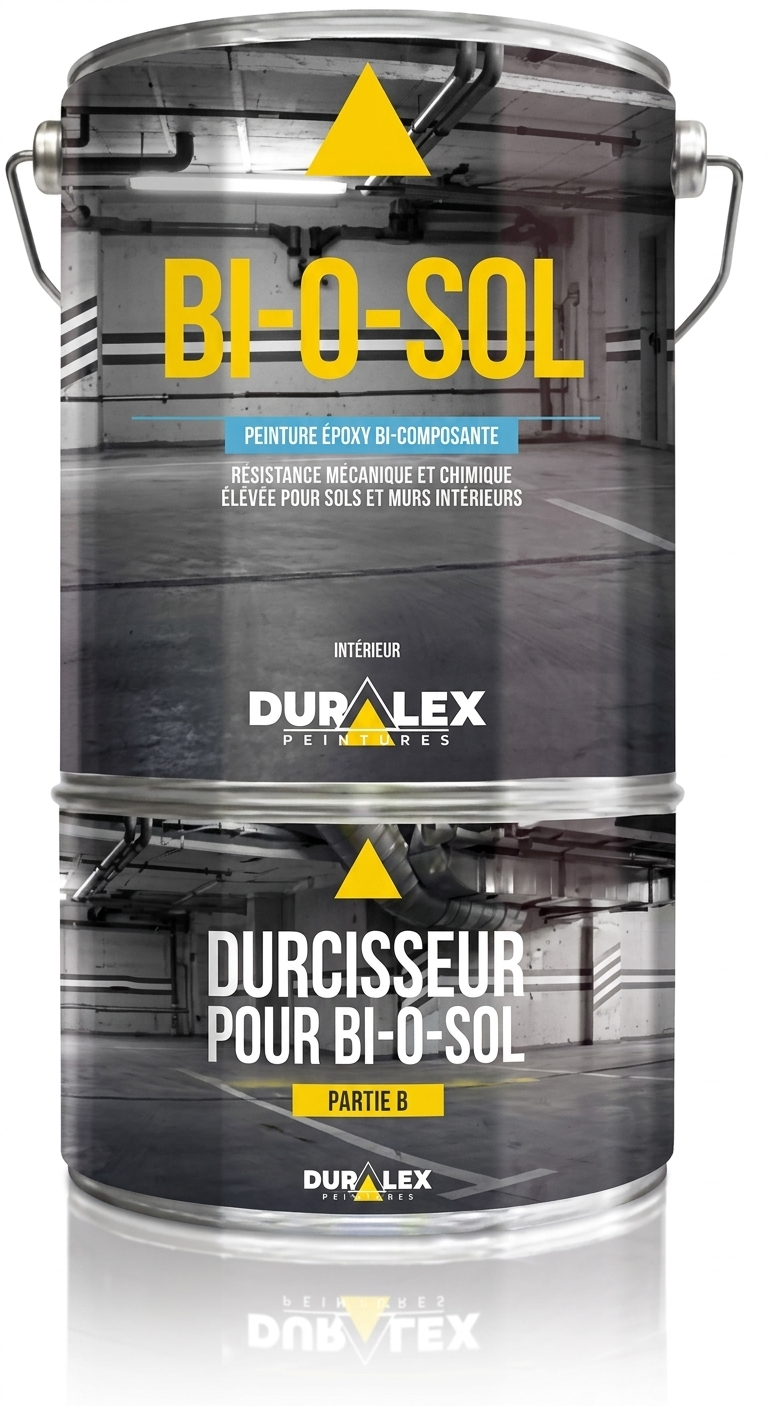 Pot de peinture époxy bi-composante Duralex BI-O-SOL avec son durcisseur dédié.
