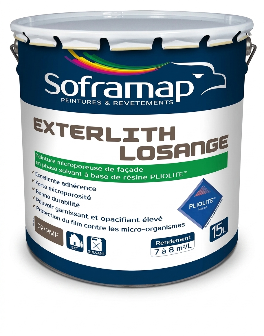 Seau métallique de peinture de façade microporeuse solvantée aux résines Pliolite Soframap Exterlith Losange de 15 litres.