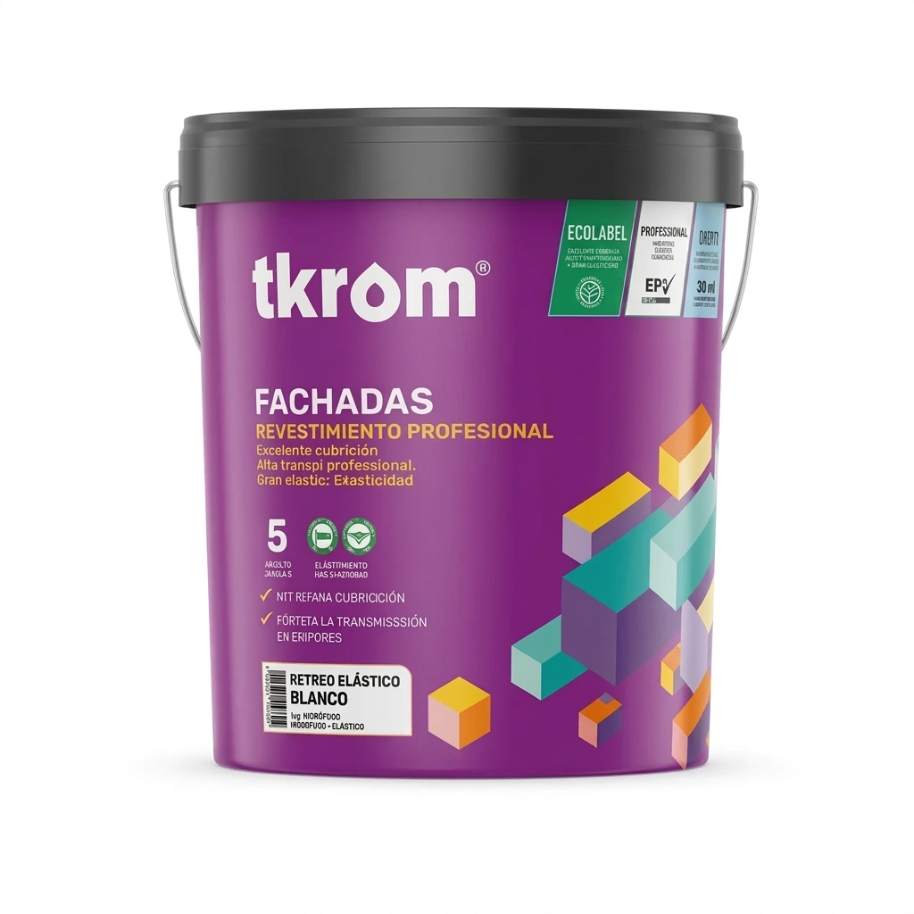 Seau de revêtement professionnel pour façades de la marque Tkrom, peinture extérieure élastique et haute transmission.