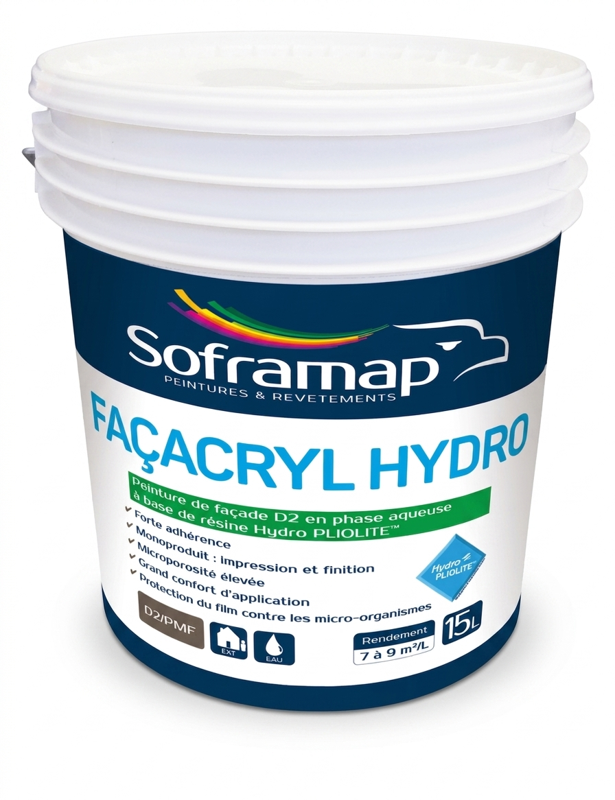 Seau plastique de peinture de façade en phase aqueuse aux résines Hydro Pliolite Soframap Façacryl Hydro de 15 litres.