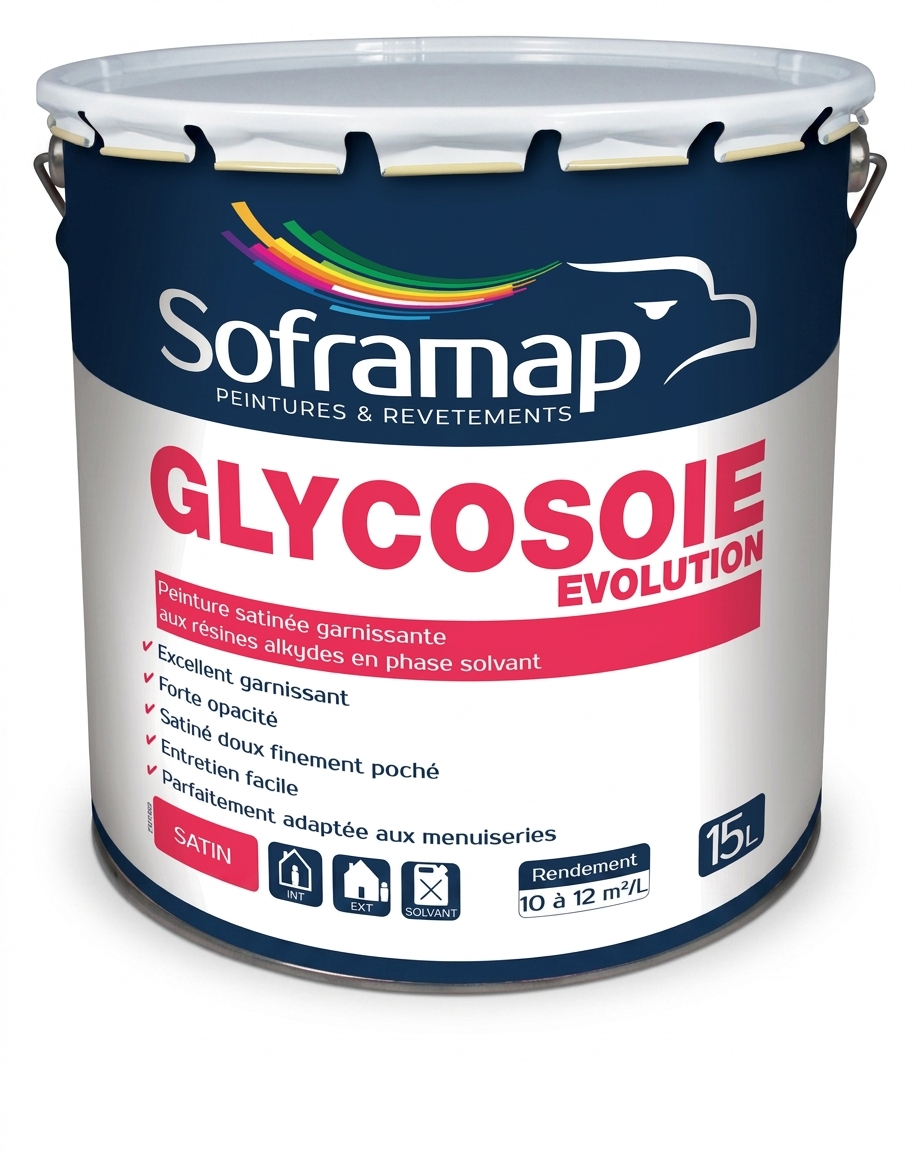 Bidon métallique de peinture satinée garnissante aux résines alkydes en phase solvant Soframap Glycosoie Evolution de 15 litres.