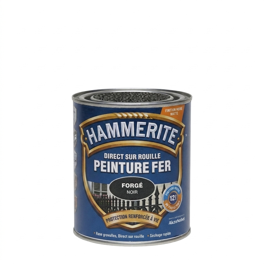 Pot de peinture pour métaux Hammerite Peinture Fer aspect Forgé Noir, formule direct sur rouille avec protection renforcée.