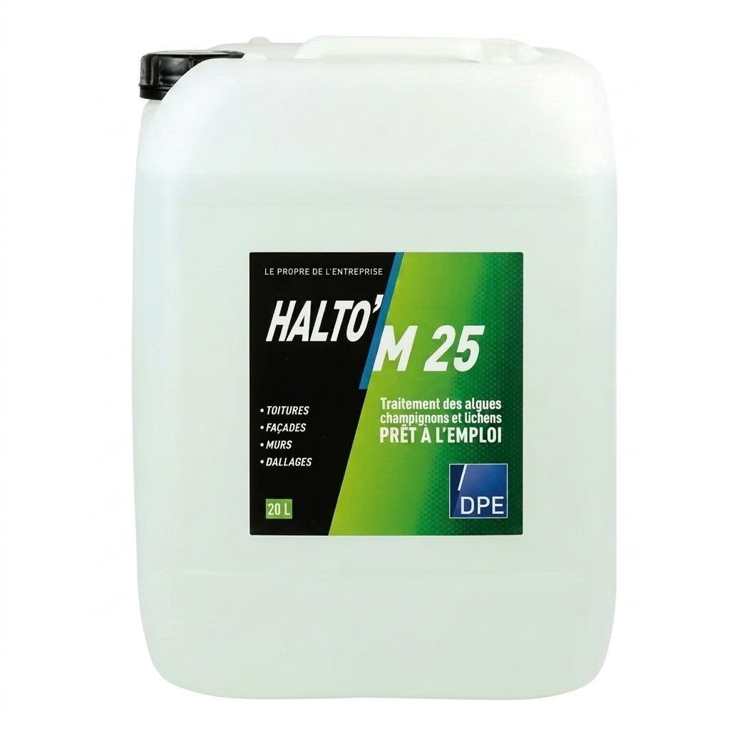 Bidon de 20L de Halto'M 25 DPE, traitement prêt à l'emploi contre les algues, champignons et lichens pour toitures et façades.