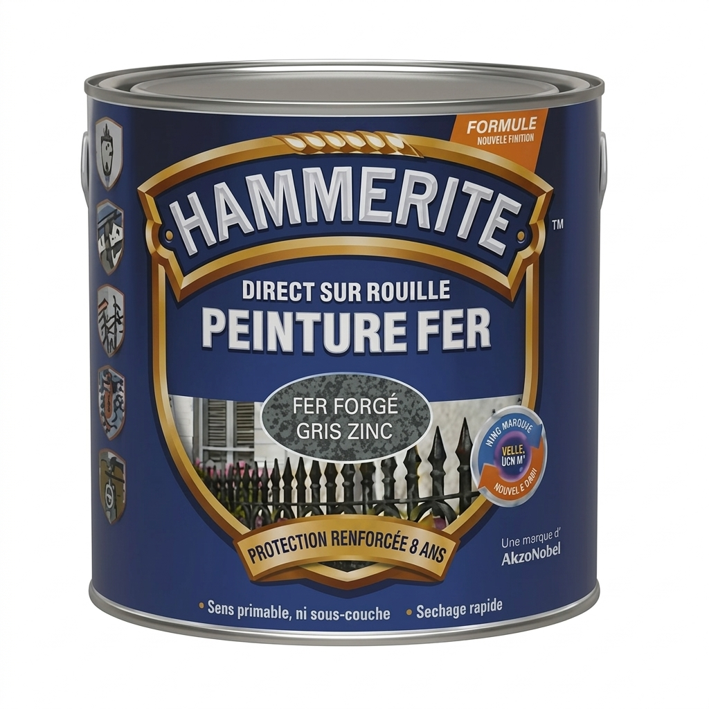 Pot de peinture pour métaux Hammerite Peinture Fer aspect fer forgé couleur gris zinc direct sur rouille.
