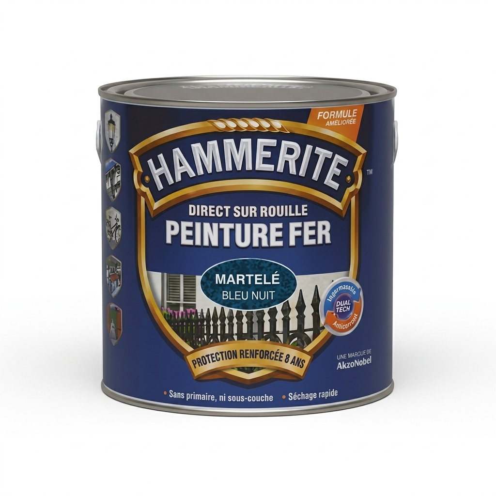 Pot de peinture pour métaux Hammerite Peinture Fer aspect martelé couleur bleu nuit direct sur rouille.