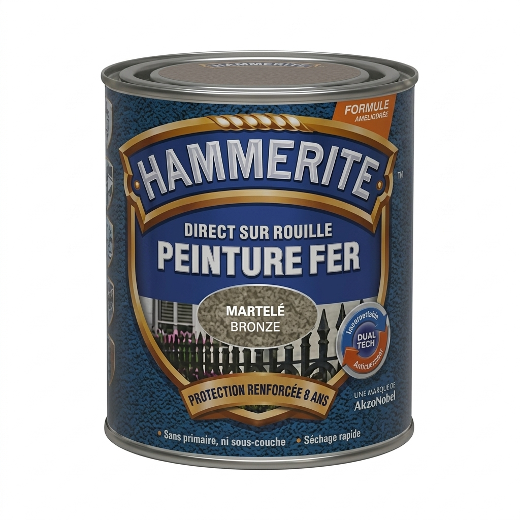 Pot de peinture pour métaux Hammerite Peinture Fer aspect martelé couleur bronze direct sur rouille.