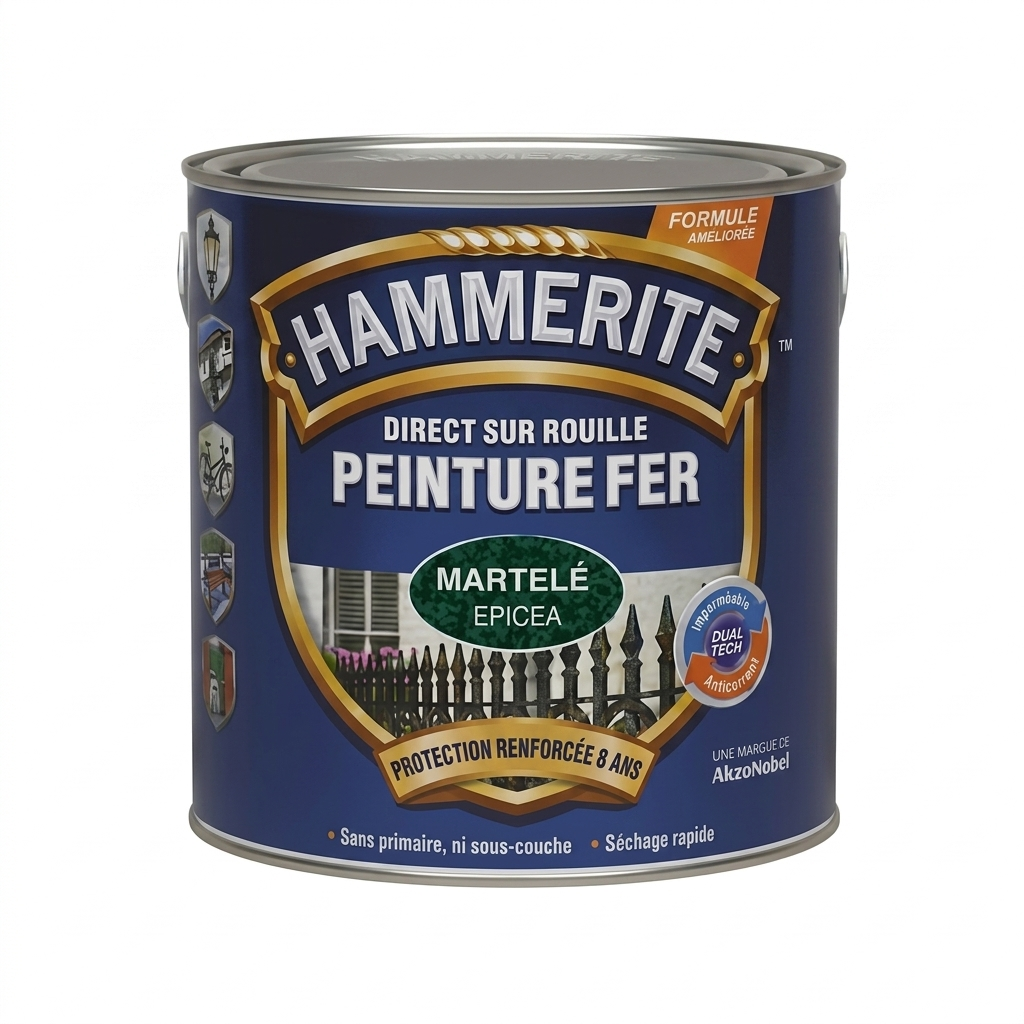 Pot de peinture pour métaux Hammerite Peinture Fer aspect martelé couleur vert épicéa direct sur rouille.