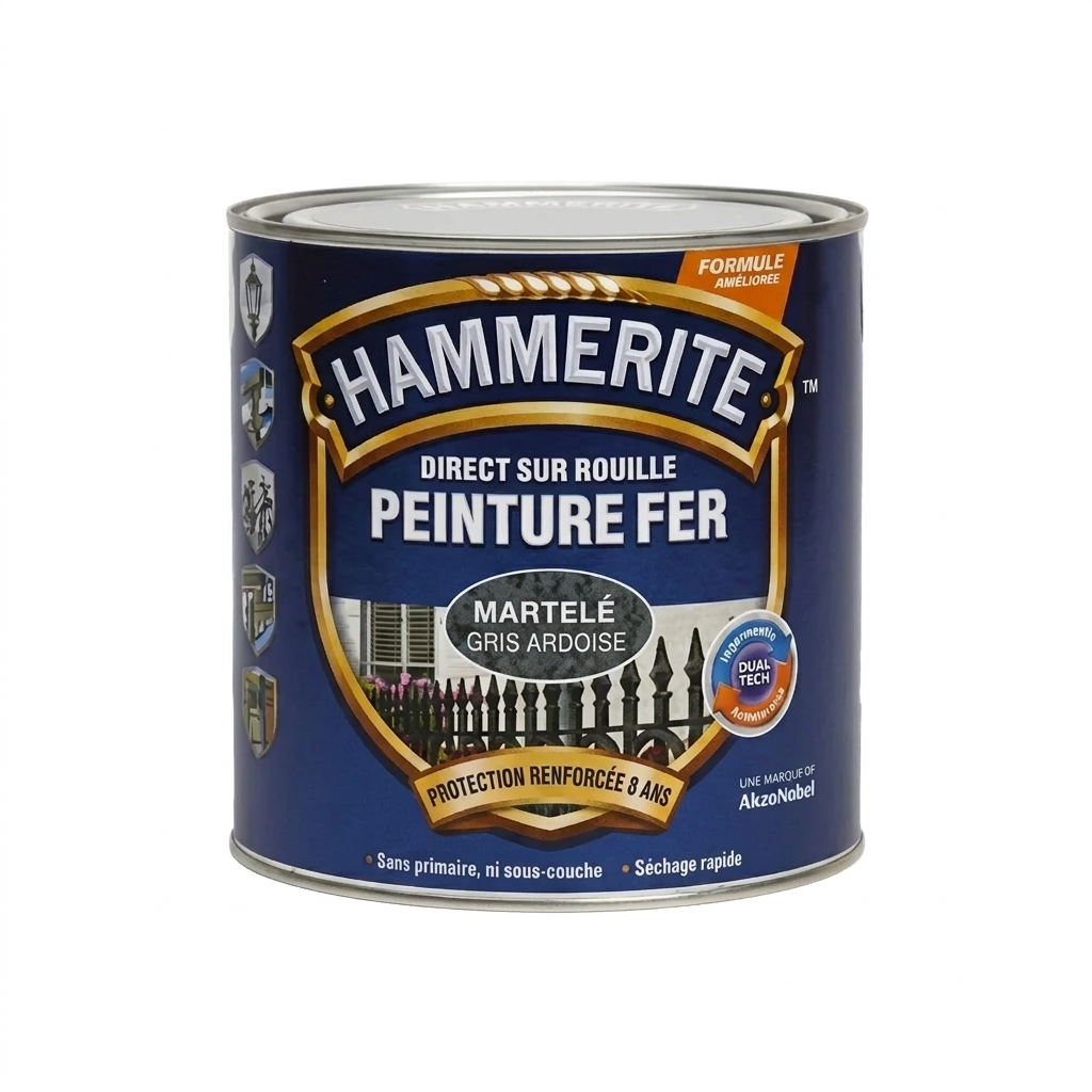 Pot de peinture pour fer Hammerite Finition Gris Ardoise aspect Martelée, formule direct sur rouille avec technologie Dual Tech.